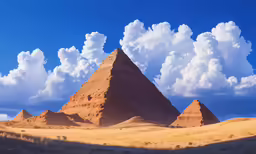 three sand mounds in the middle of the desert under white clouds