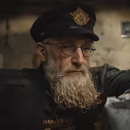 a man with long white beard and beard wearing a black hat