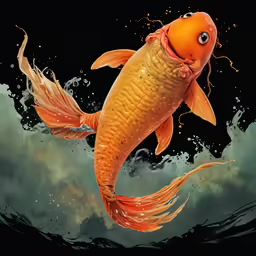 a painting of a goldfish with big blue eyes