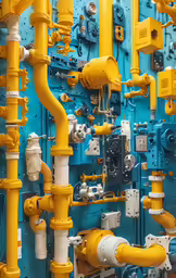 multiple pipes and valves are seen on a large machine