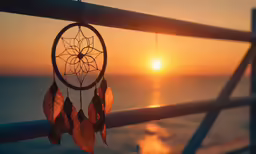 the sun is setting behind a metal gate with red leaves and an dream catcher