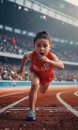 a small girl is running at a stadium