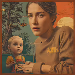 a poster with a woman and a baby,a digital painting of a woman and a child