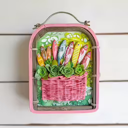 the basket is decorated with small plants and decorative objects,small pink basket with assorted colored and decorated items