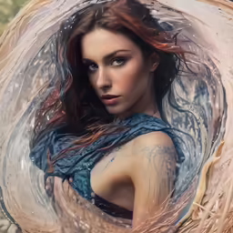 a woman with long red hair holding her arms around an umbrella