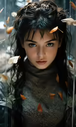 a woman with long black hair and frecky top standing under rain of falling autumn leaves