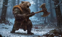 a big cute brown bear holding an axe