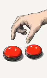 a hand touching two red desserts near each other
