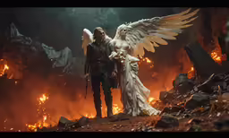 two figures standing near each other in front of a fire