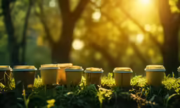 five empty yellow to - go cups lined up on the ground