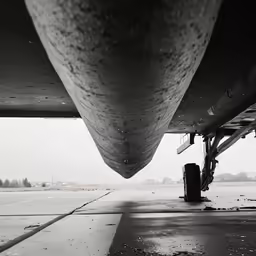 the underside view of an airplane with a wet cement floor