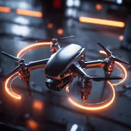 a flying black and gold remote controlled aerial device