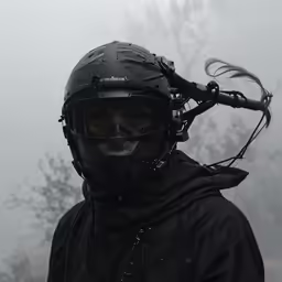 man wearing protective gear in front of fog