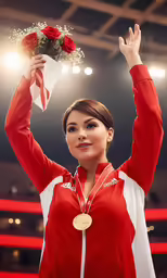 a woman is holding flowers and standing in the ring