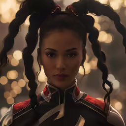 a woman dressed in black uniform with long braids