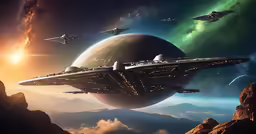 two spaceships flying in space above a mountainous area