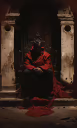 a man dressed in red sitting on a throne