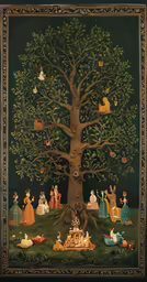 a painting of people and dogs sitting under the base of a tree