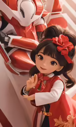 the girl in a red suit is posing for a picture