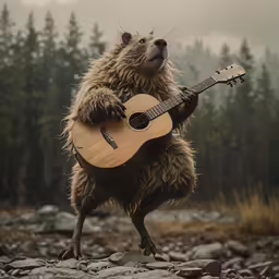 there is a bear playing a guitar while it stands on its hind legs
