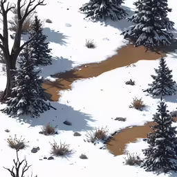 a landscape view of a snow covered field with small trees in the background