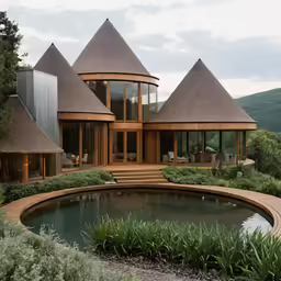 an unique building in the middle of some green grass