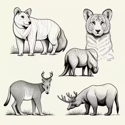 four different drawings of animals and an antelope
