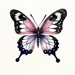 a butterfly painted in pink, black and white,a watercolor painting of a butterfly on a white background,a watercolor painting of a butterfly on a white background,a pink and black butterfly on a white background,a large colorful butterfly on top of a white sheet
