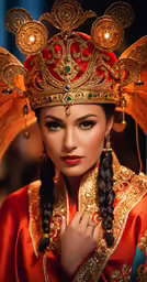 a beautiful girl in red with gold headdress and hair