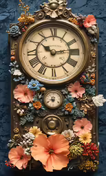 a clock sitting on a wall covered with fake flowers