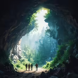three people walking up a path through a mountain