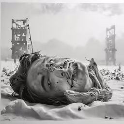 black and white photo of a man laying on the beach