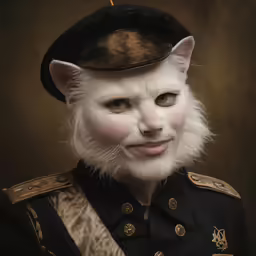 a white cat dressed up in military clothing