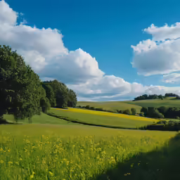 the blue sky has clouds above a grassy field