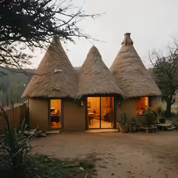 an outside view of a house with a grass roof