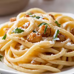 some pasta with meat is on a white plate