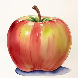 an apple that has been painted on a white paper,an apple sitting on top of a blue mat