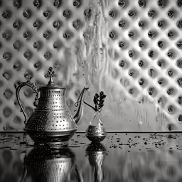 a reflection of a silver teapot on the glass table