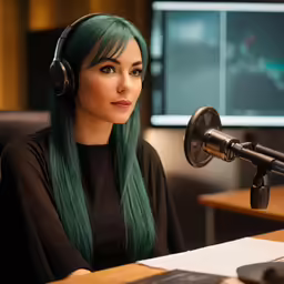 a girl with green hair is listening to headphones