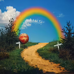 a rainbow over a dirt road with a red ball painted on it
