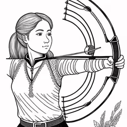 an illustration of a girl shooting at a bow with the text happy birthday, in black and white,the girl with her archery bow and an arrow,an archer aiming at the target with her bow,a woman in a polo shirt aiming a bow,a girl holding an archery bow and aiming at a target