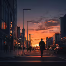 a person walks on the road at sunset