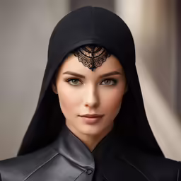 woman in black with veil wearing a collar