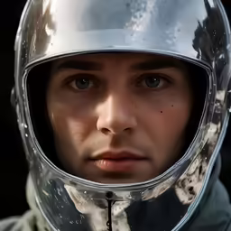the man in the metal helmet is looking ahead