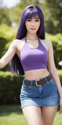 a woman with purple hair wearing a lavender top and jeans