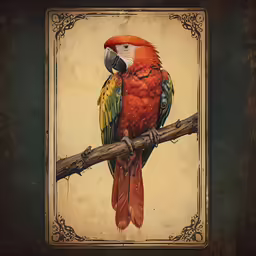 the parrot is perched on the branch with its feathers spread