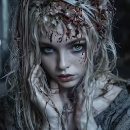a blond girl with blue eyes covered in mud