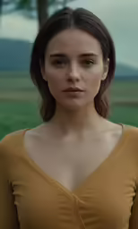 a woman with brown hair wearing a yellow shirt in a field