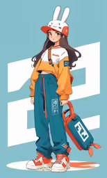 an anime girl in orange and blue with luggage