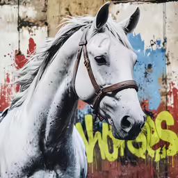 a white horse has a brown bridle on